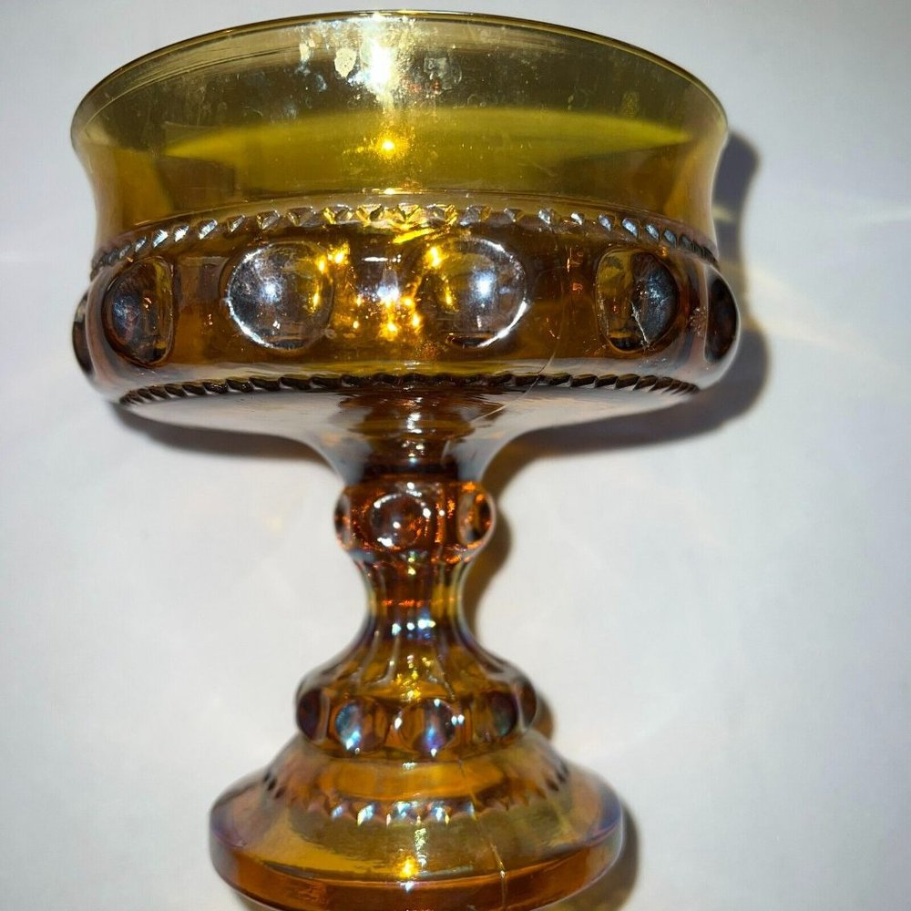 Indiana Amber Carnival Glass Kings Crown Thumbprint Compote Wedding Bowl VtG